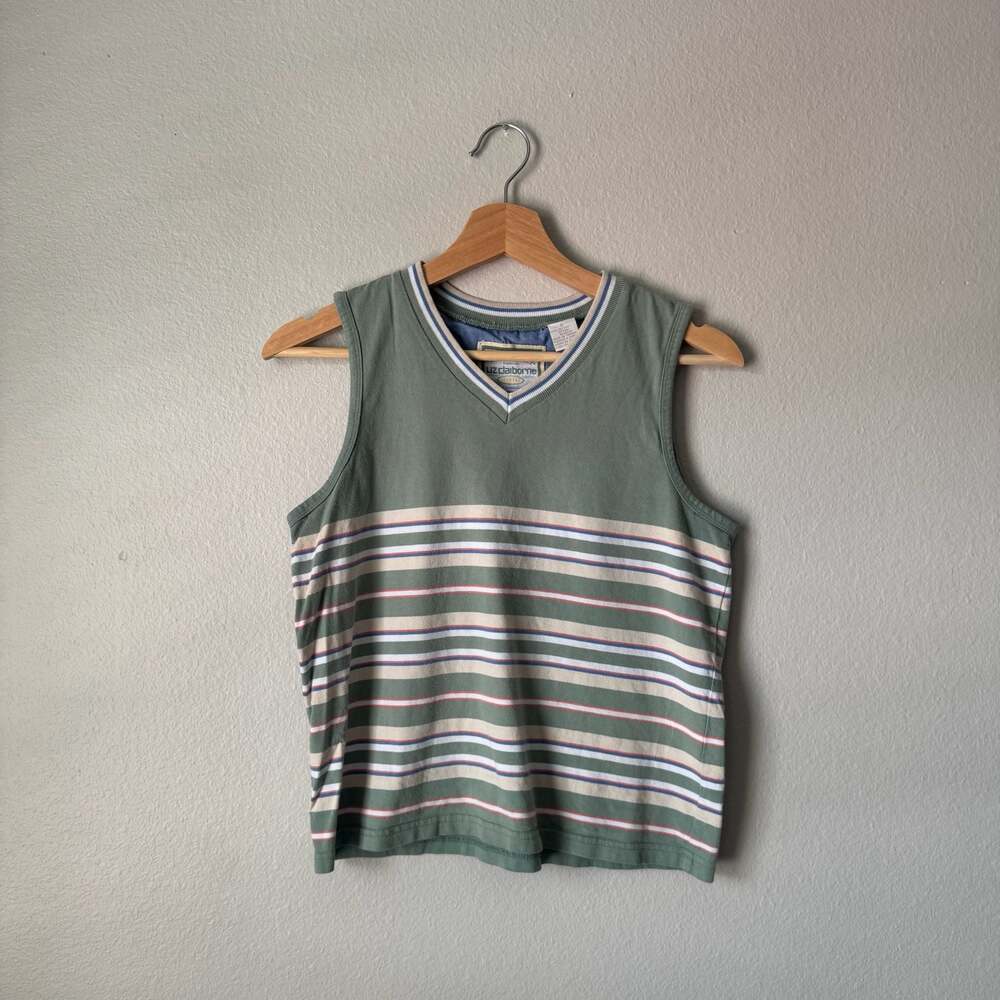Vintage Liz Claiborne Striped V-Neck Tank Top Sage Green Y2K Small